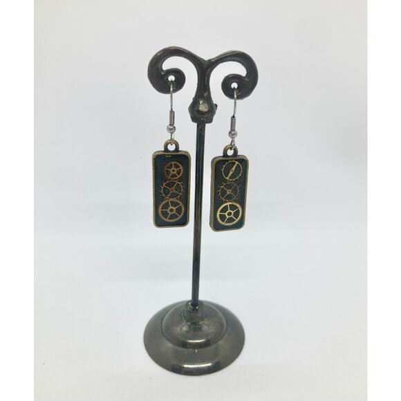 Earrings Rectangle Antiqued Brass Watch Parts French Wire Academia Steampunk - Picture 1 of 1